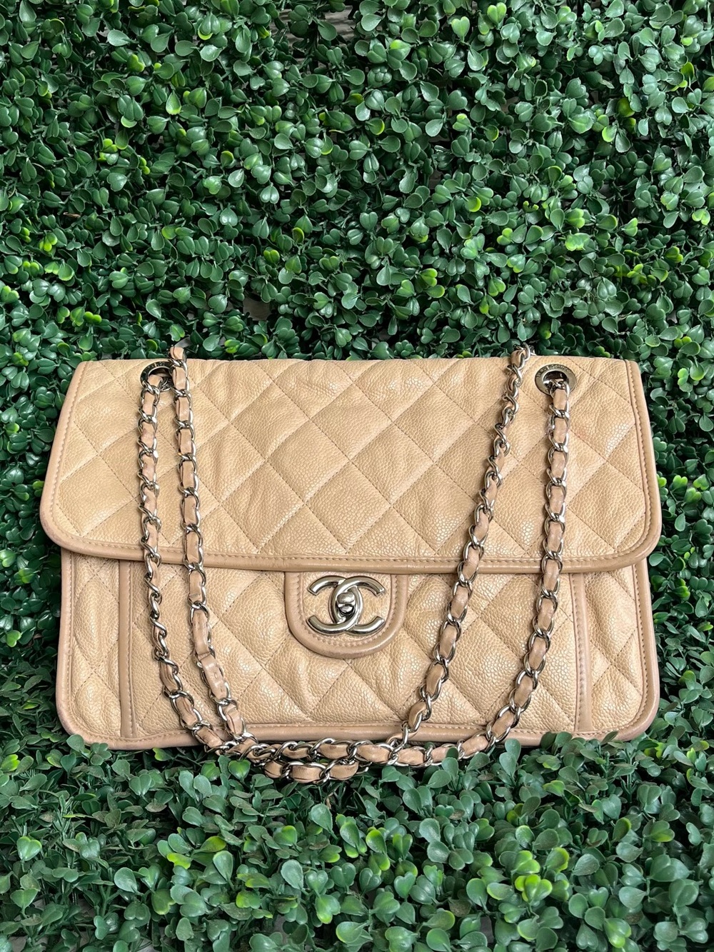 CHANEL Beige Quilted Leather Shoulder Bag with Silver-Tone CC